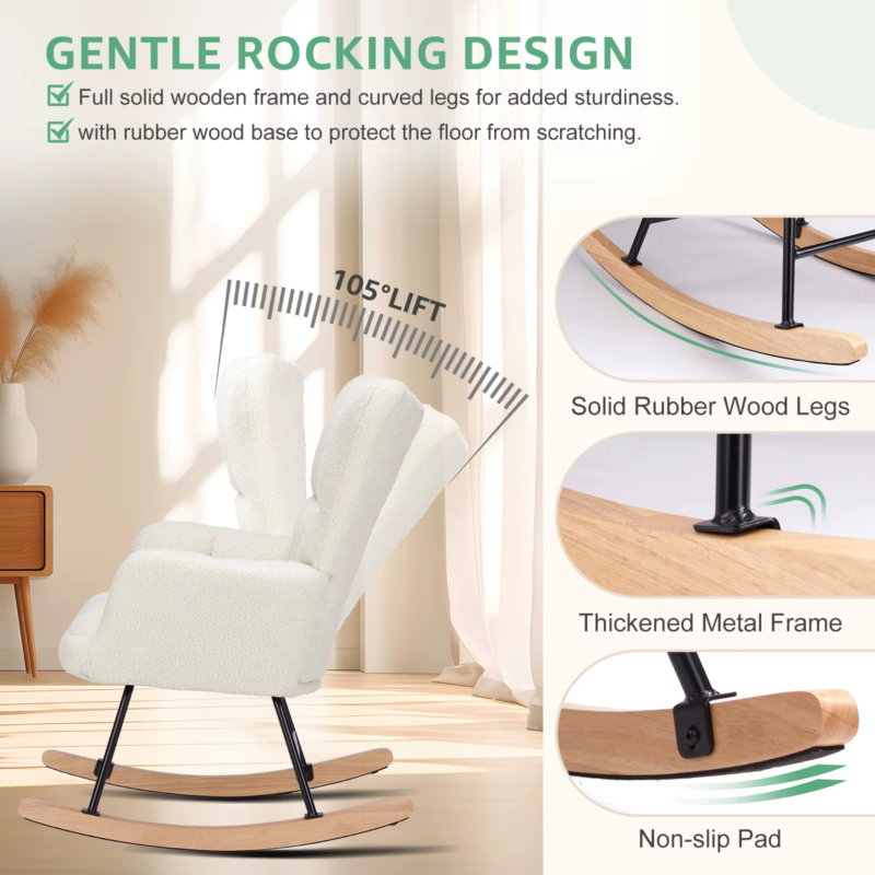 Teddy Fabric Upholstered Glider, High Backrest, Padded Seat, Rocker Armchair