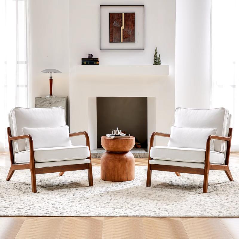 Modern Accent Mid-Century Chair, Upholstered Rocker with Wood Frame and Pillow- Rice White