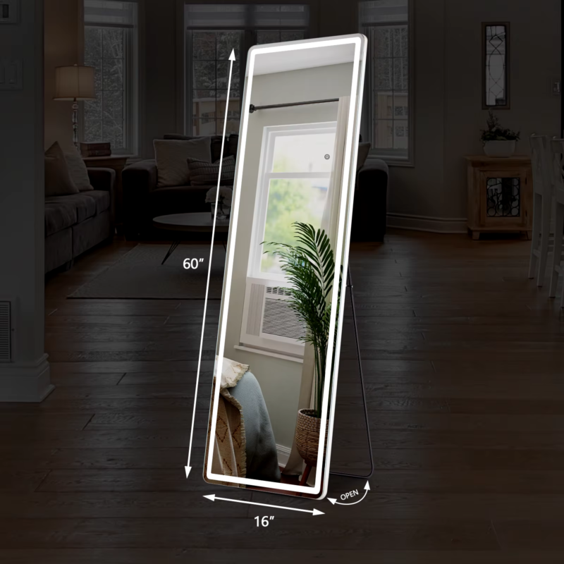 LED Dimming Full Length Mirror, 3-Color Lighting, Aluminum Frame, Floor & Wall