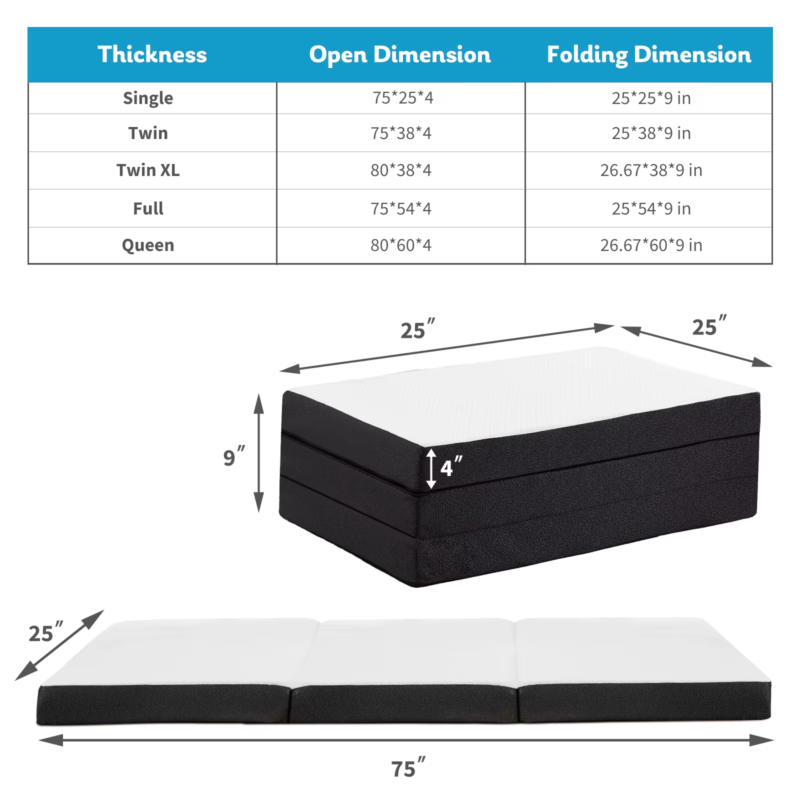 Three Fold Portable Floor Bed, CertiPUR-US Certified, Travel, Camping, Yoga