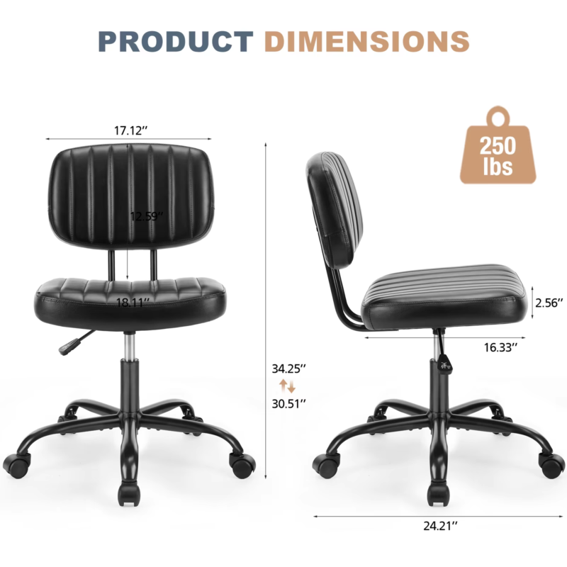 PU Leather Armless Office Desk Chair, Lumbar Support, Height Adjustable, Swivel
