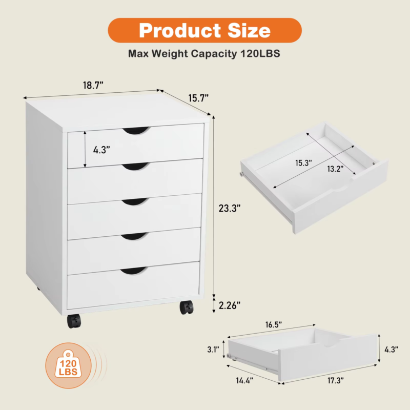 5-Drawer Wood Nightstand Cabinet, Storage File Organizer with Rotating Wheels