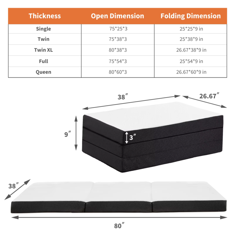 Three Fold Portable Floor Bed, CertiPUR-US Certified, Travel, Camping, Yoga