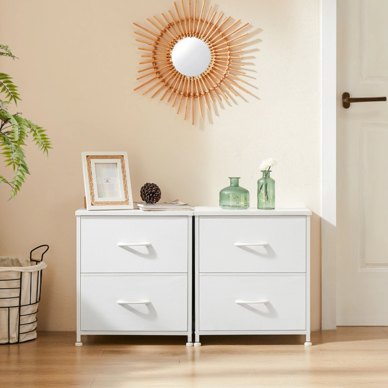 2 Drawers Dresser Beside Table with Metal Frame and Wood Top, Storage Cabinet for Living Room