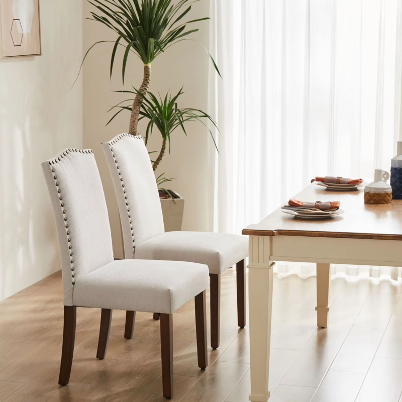 Set of 2 Dining Chairs, Padded Backrest, Upholstered Fabric, Thick Sponge Cushion