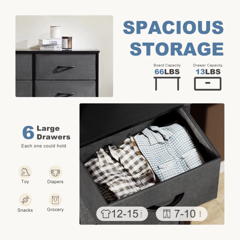 6 Fabric Drawers Nightstand, Bedside Table with Storage, Closet Chest, Furniture