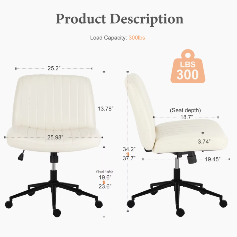 Armless Cross Office Chair with Wheels, PU Leather, Swivel, Adjustable Height