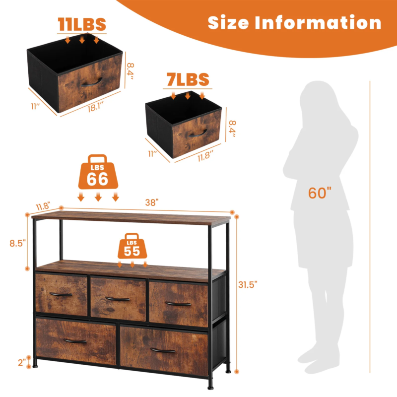 5 Fabric Drawers, Shoe Cabinet Dresser, TV Stand, Multilayer Rack, Space Saving