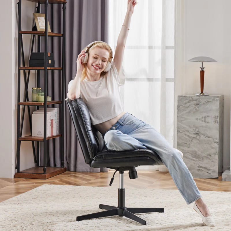 PU Leather Cross Legged Office Chair, Armless Desk Chair, Adjustable Swivel Base