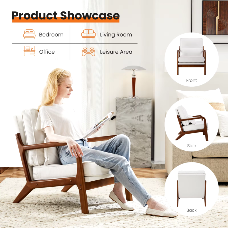 Modern Accent Mid-Century Chair, Upholstered Rocker with Wood Frame and Pillow- Rice White