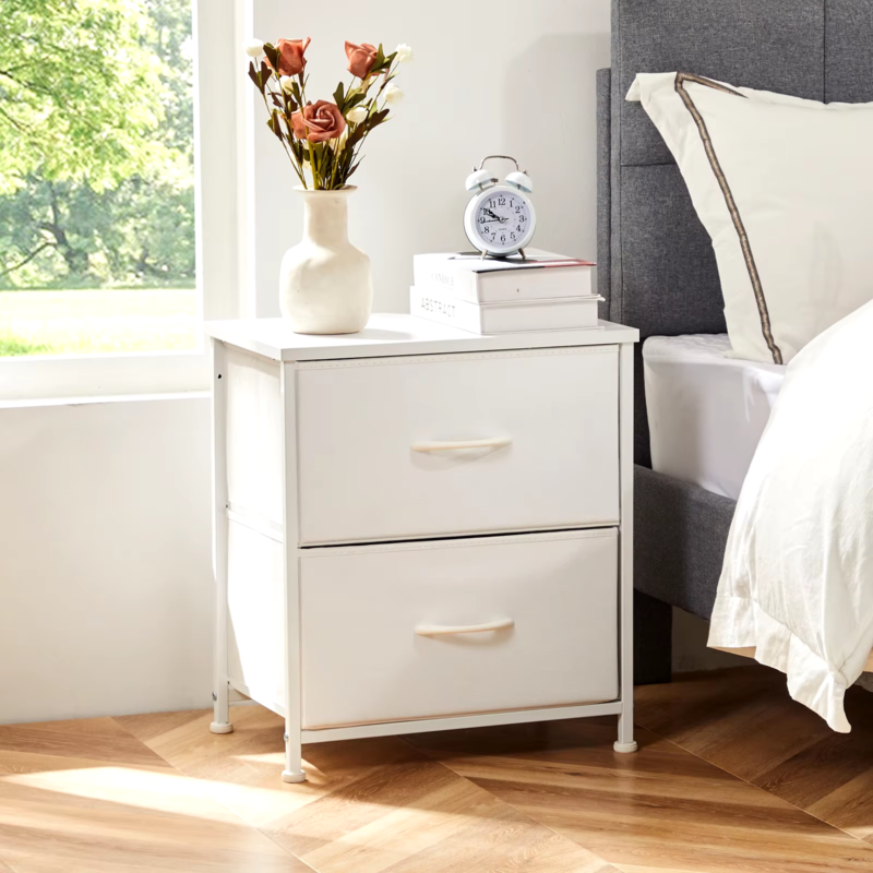 2 Drawers Dresser Beside Table with Metal Frame and Wood Top, Storage Cabinet for Living Room