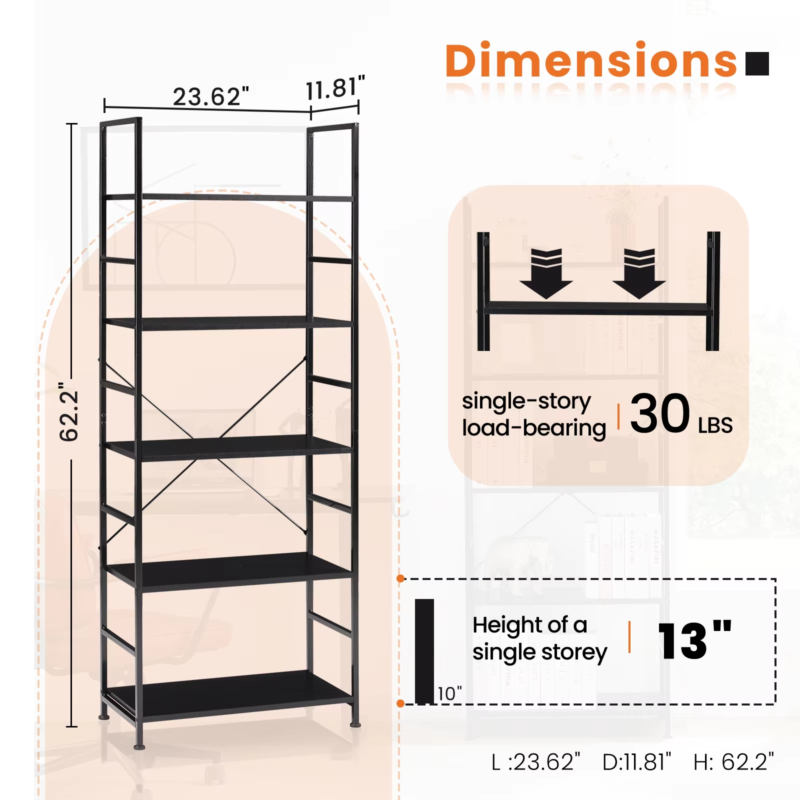 5 Tier Bookcase, Modern Bookshelf, Corner Storage Organizer for Bedroom, Office