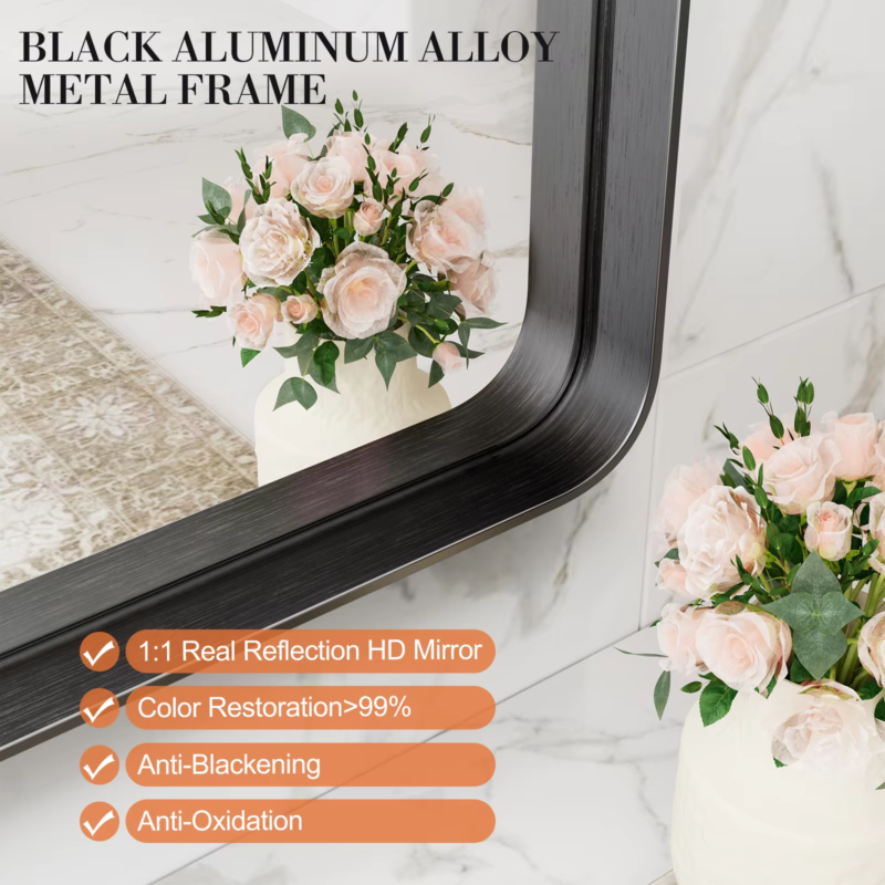 Large Rectangle Vanity Mirror, Matte Metal Frame, Modern Tempered Glass