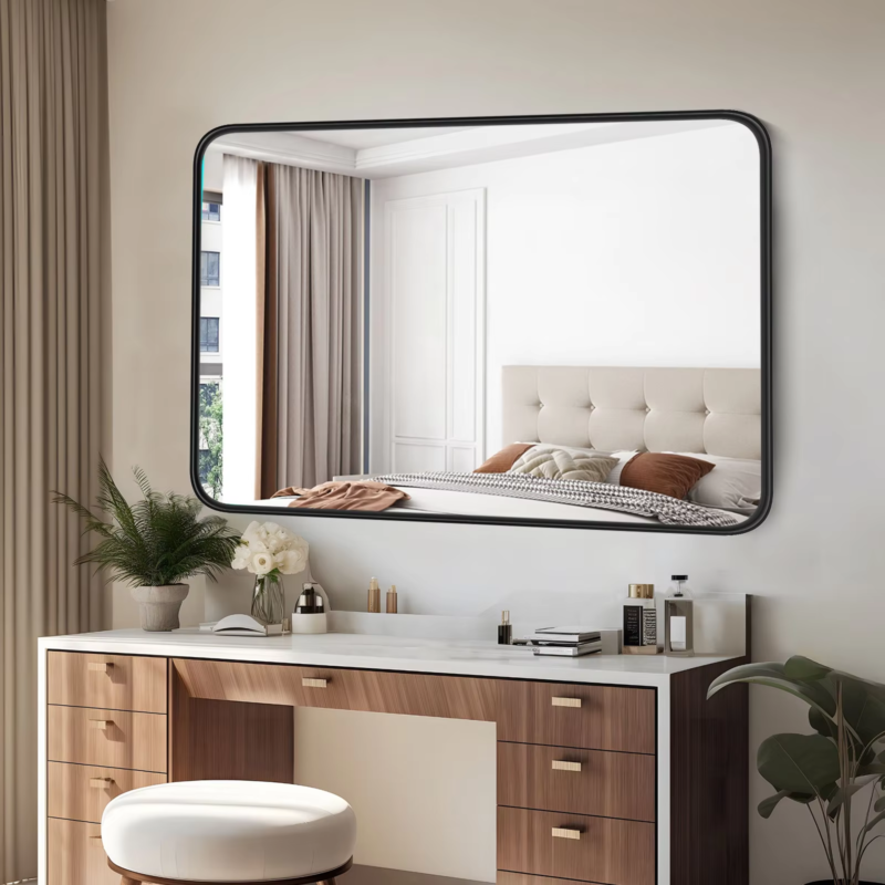 Large Rectangle Vanity Mirror, Matte Metal Frame, Modern Tempered Glass