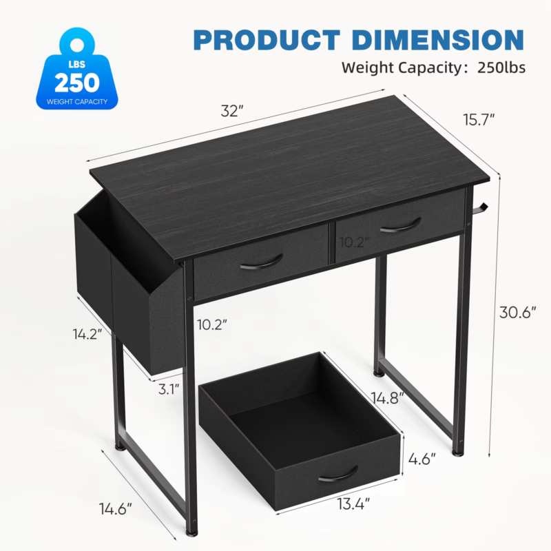 32 Inch Modern Office Desk, Fabric Storage Drawers, Metal Frame, Adjustable Feet