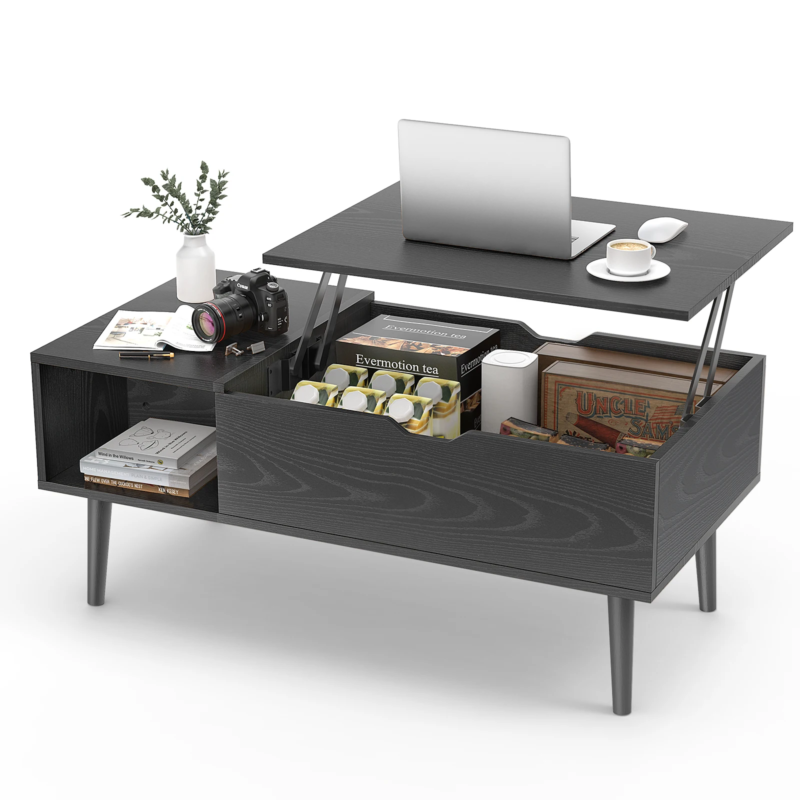 Lift Top Coffee Wooden Table for Living Room, Adjustable Desk with Storage Shelf