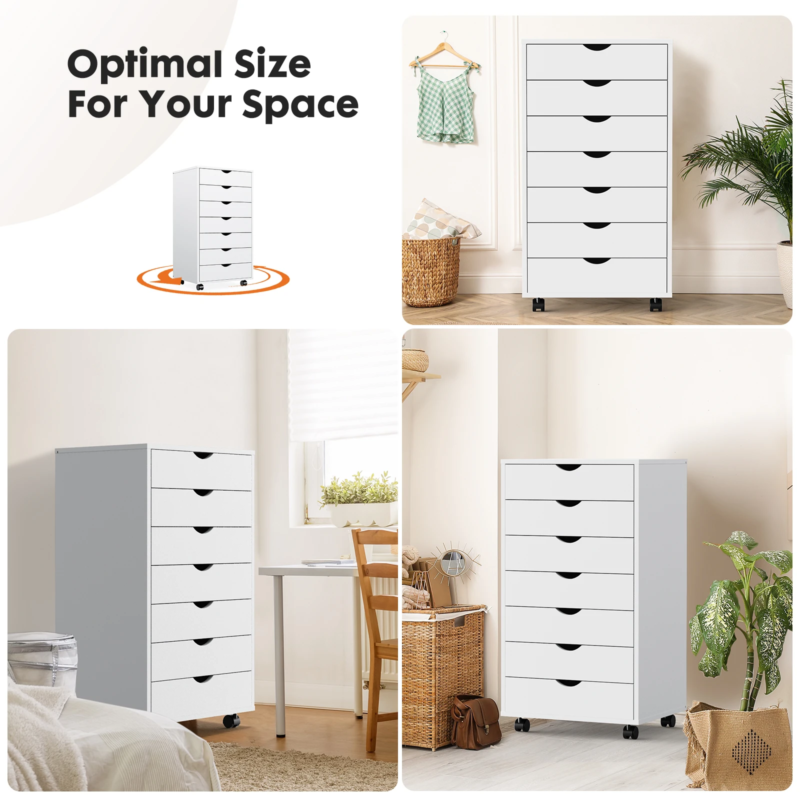 7-Drawer Chest Dresser, Wooden Storage Cabinet with Wheels, Mobile Organizer