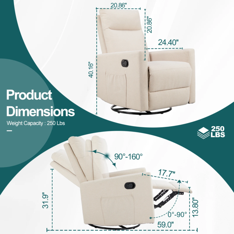 Rotating Rocking Recliner with Oversized Foot, Swivel, Glider Nursery Chair