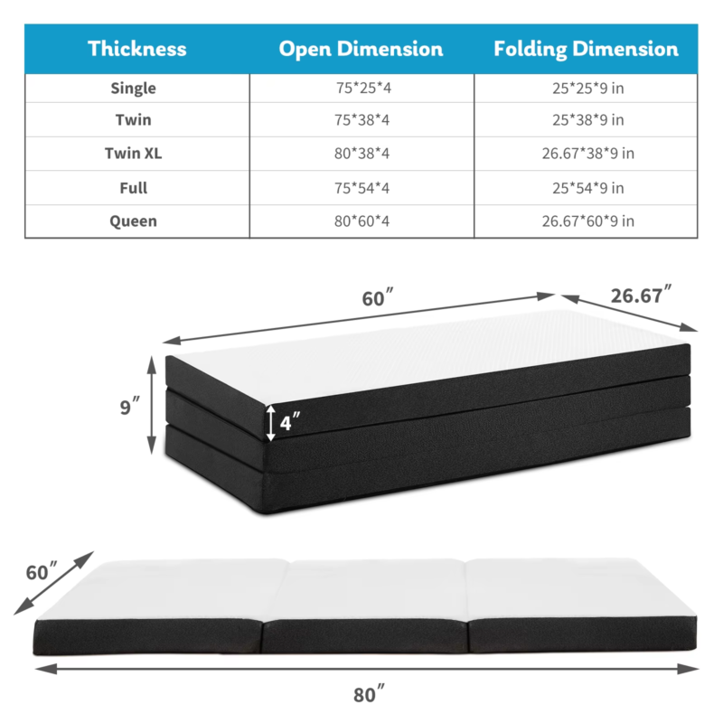Three Fold Portable Floor Bed, CertiPUR-US Certified, Travel, Camping, Yoga
