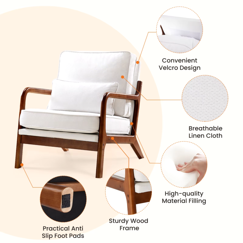 Modern Accent Mid-Century Chair, Upholstered Rocker with Wood Frame and Pillow- Rice White