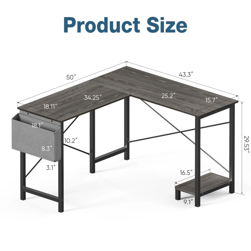 50" Gaming Corner Desk, Wooden Writing PC Table with CPU Storage And Side Bag