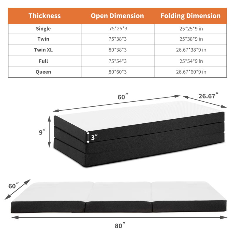 Three Fold Portable Floor Bed, CertiPUR-US Certified, Travel, Camping, Yoga