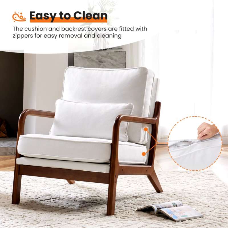 Modern Accent Mid-Century Chair, Upholstered Rocker with Wood Frame and Pillow- Rice White