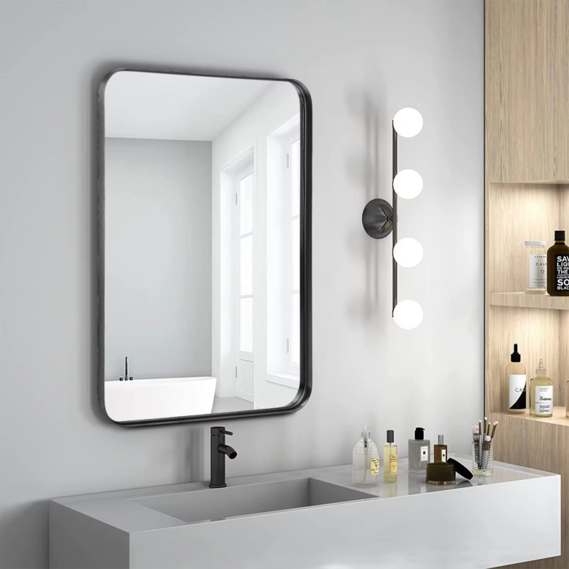 Large Rectangle Vanity Mirror, Matte Metal Frame, Modern Tempered Glass