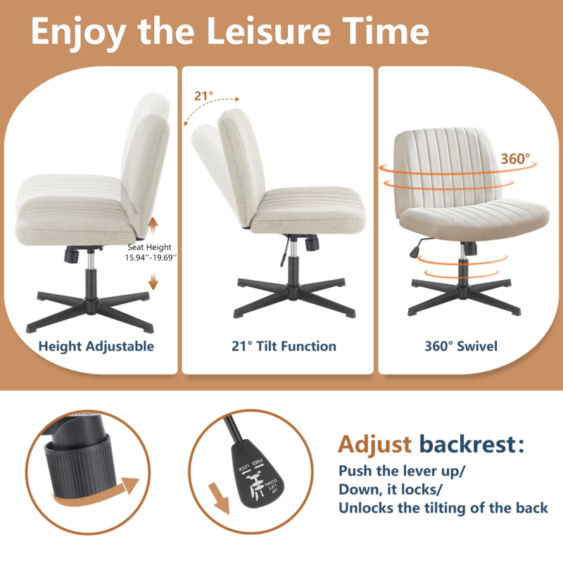 Cross-Legged Rocking Office Chair, Armless, Adjustable Swivel, Task Chair