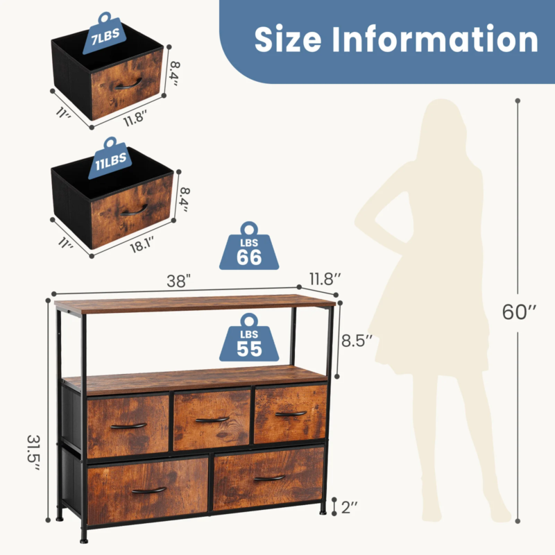 Fireplace TV Stand Dresser for Bedroom With 5 Fabric Drawers, Storage Cabinet
