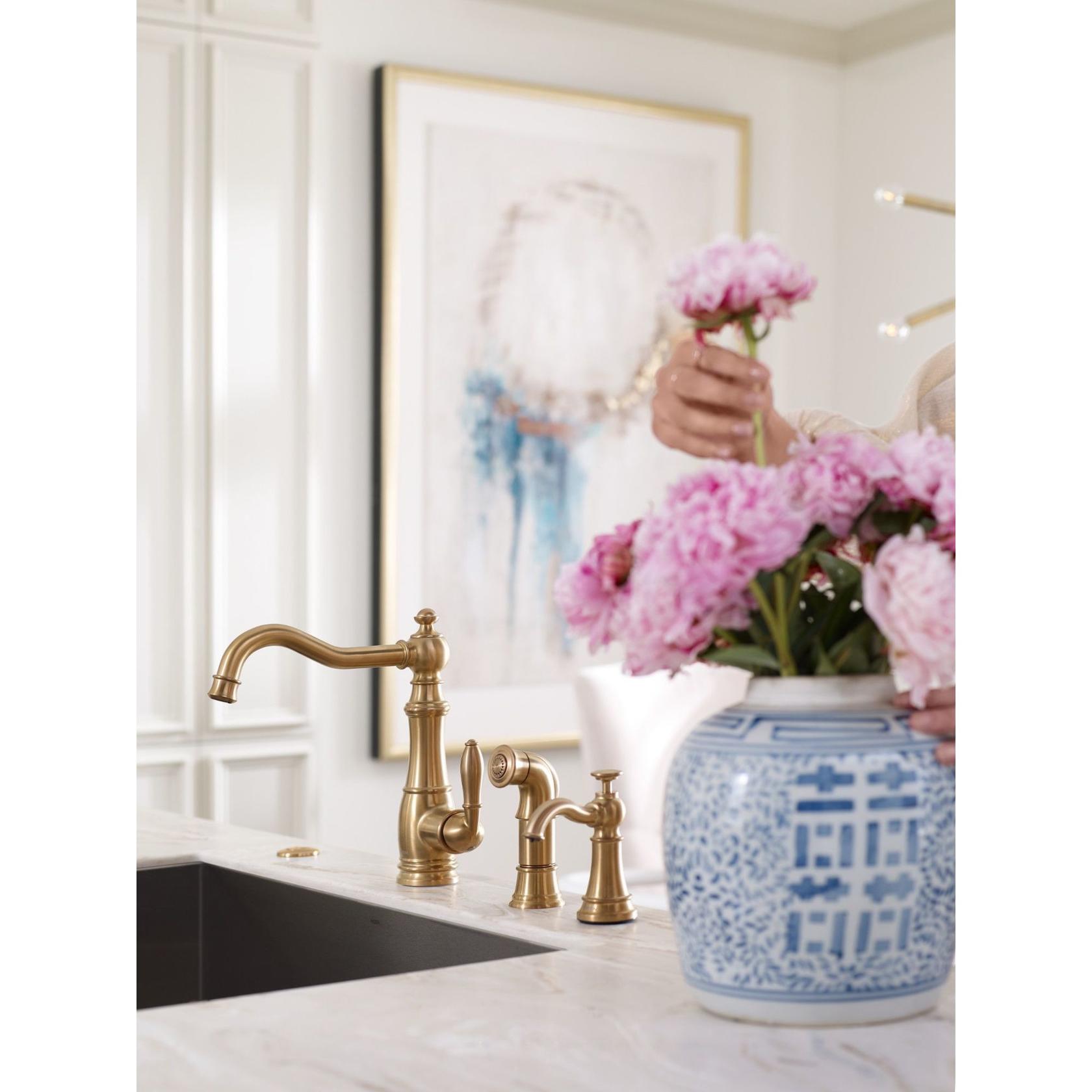 MOEN S3945BG Traditional Deck Mounted Kitchen Soap Dispenser with Above the Sink Refillable Bottle in Brushed Gold