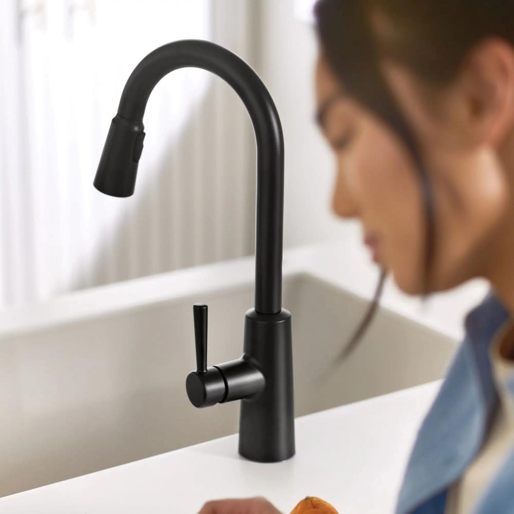 MOEN Riley 7402BL Single Handle Pull-Down Sprayer Kitchen Faucet with Reflex and Power Clean in Matte Black