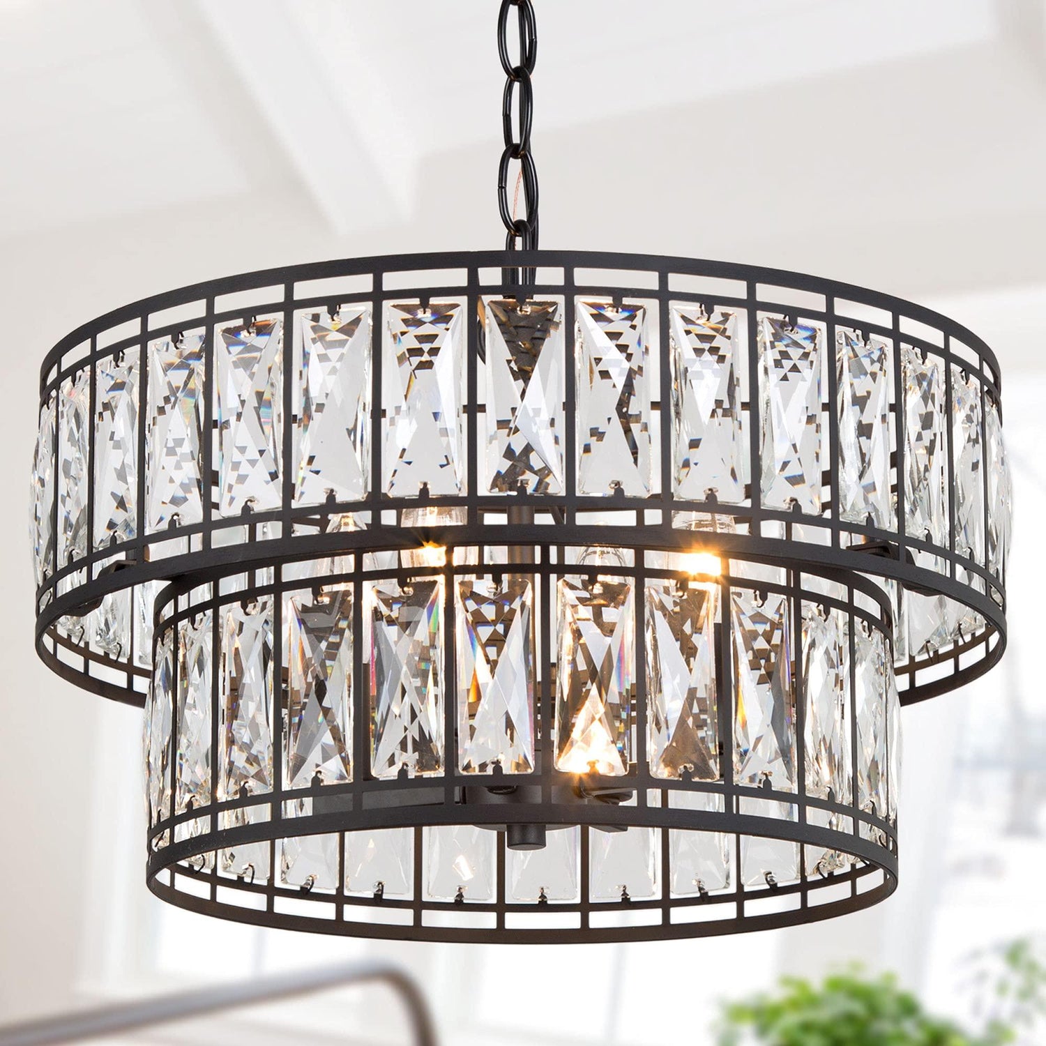Crystal Chandelier for Dining Room, 4-Light Round Chandelier 2-Tier, 15.5" Dia