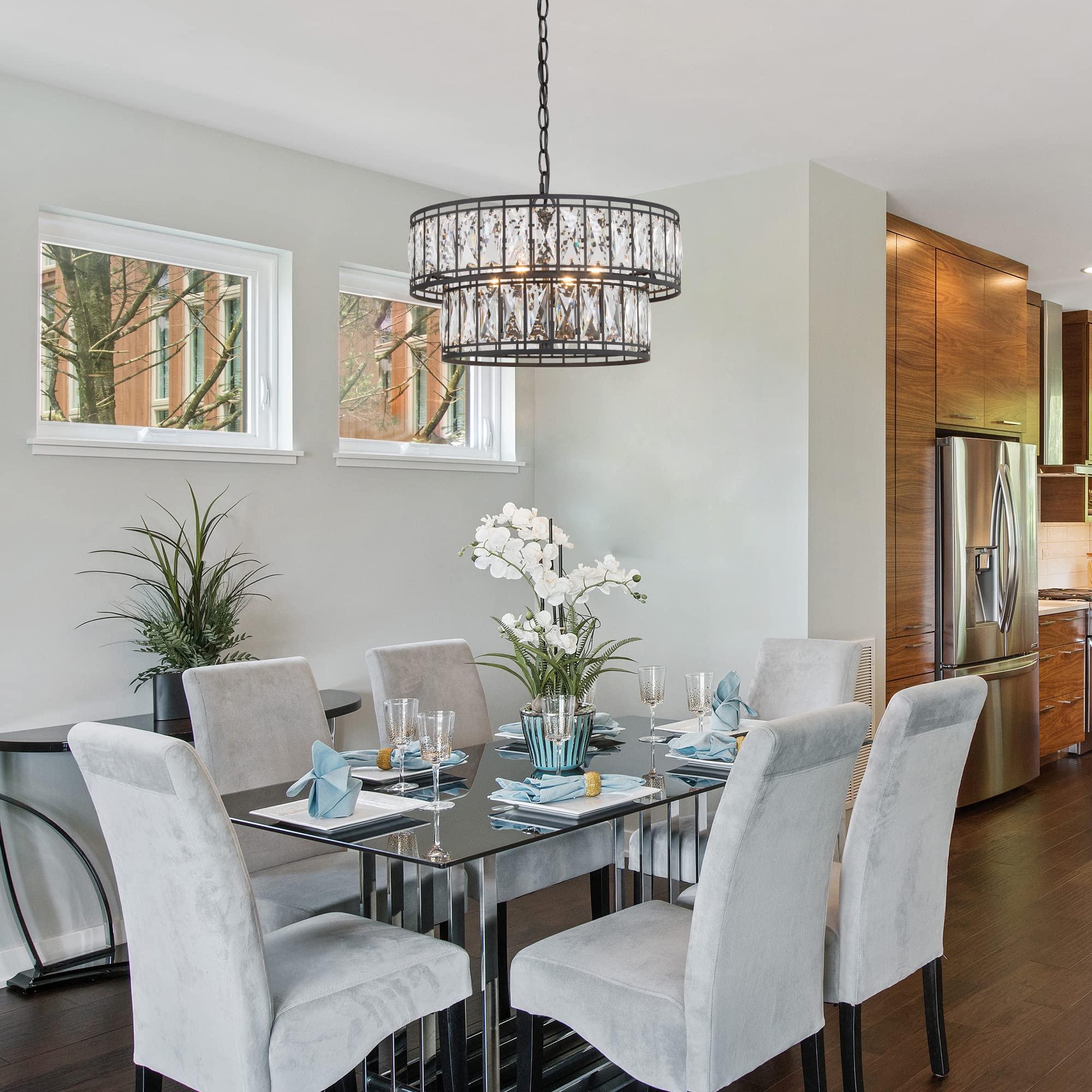 Crystal Chandelier for Dining Room, 4-Light Round Chandelier 2-Tier, 15.5" Dia