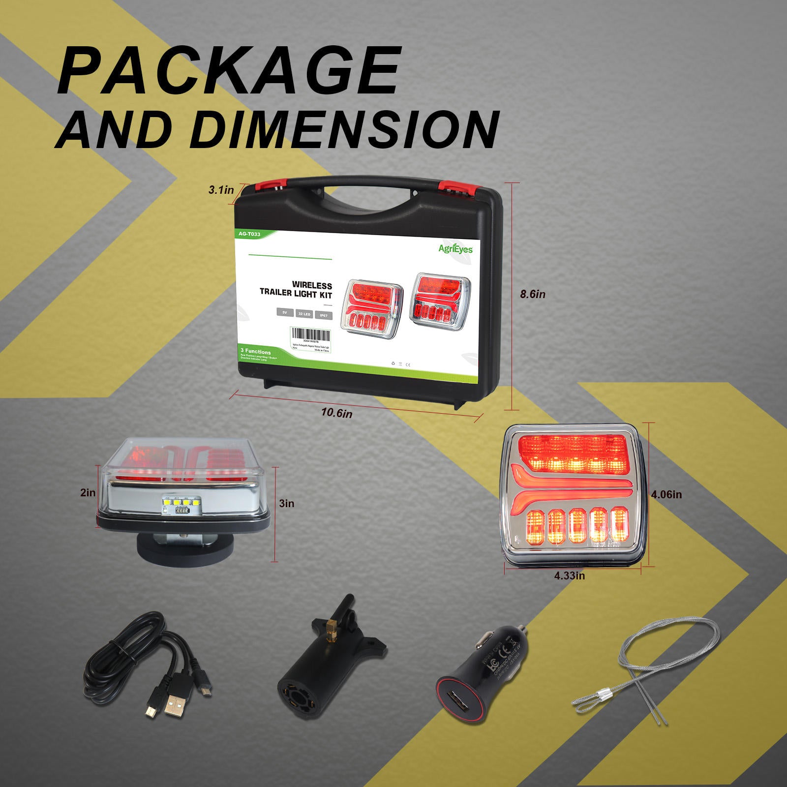 AgriEyes Wireless Trailer Lights, Rechargeable Magnetic LED Tow Light Kit, Portable DOT Compliant for Truck, Wrecker, Boat, RV, Caravan