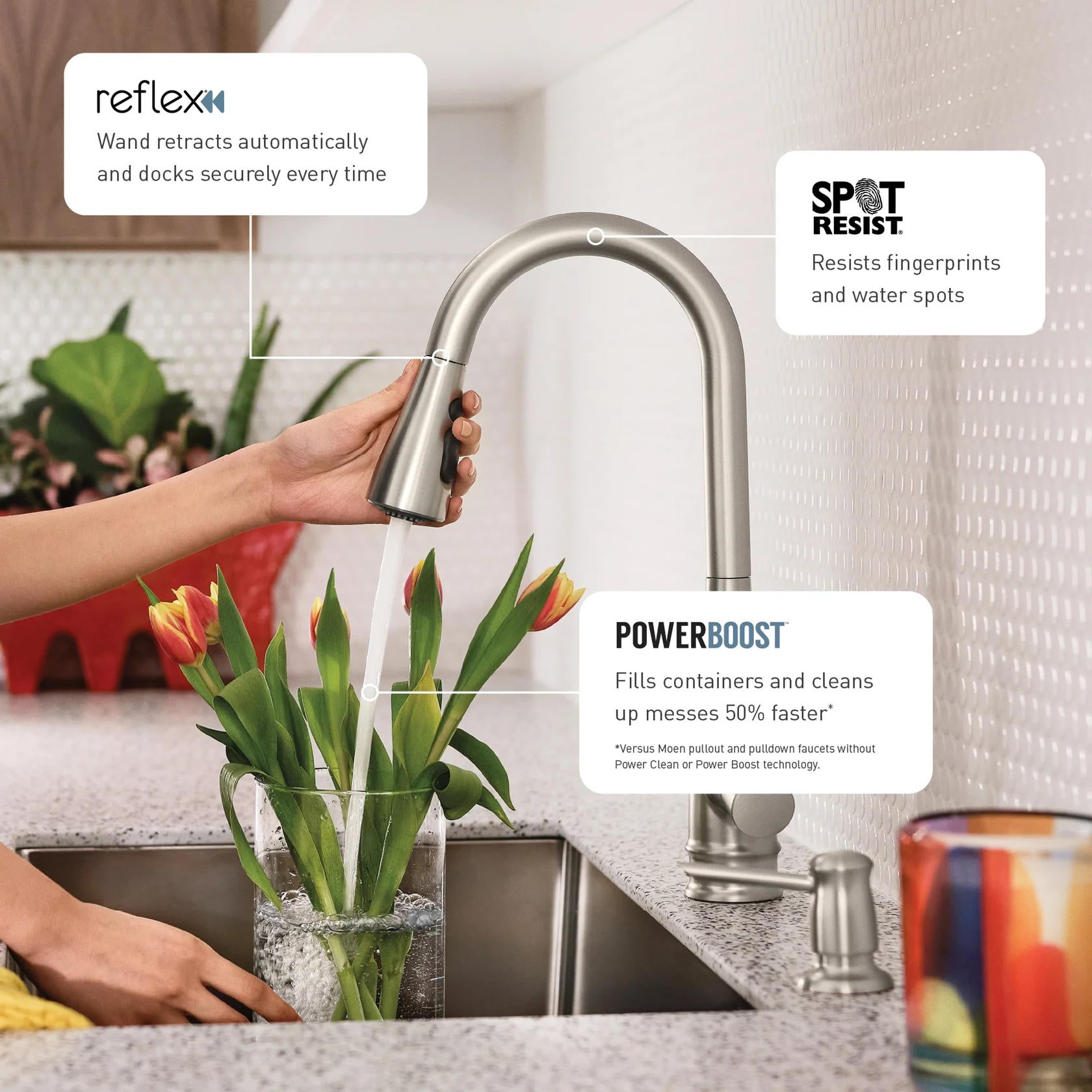 MOEN Gilden 87679SRS Single Handle Pull-Down Sprayer Kitchen Faucet with Reflex and Power Boost in Spot Resist Stainless