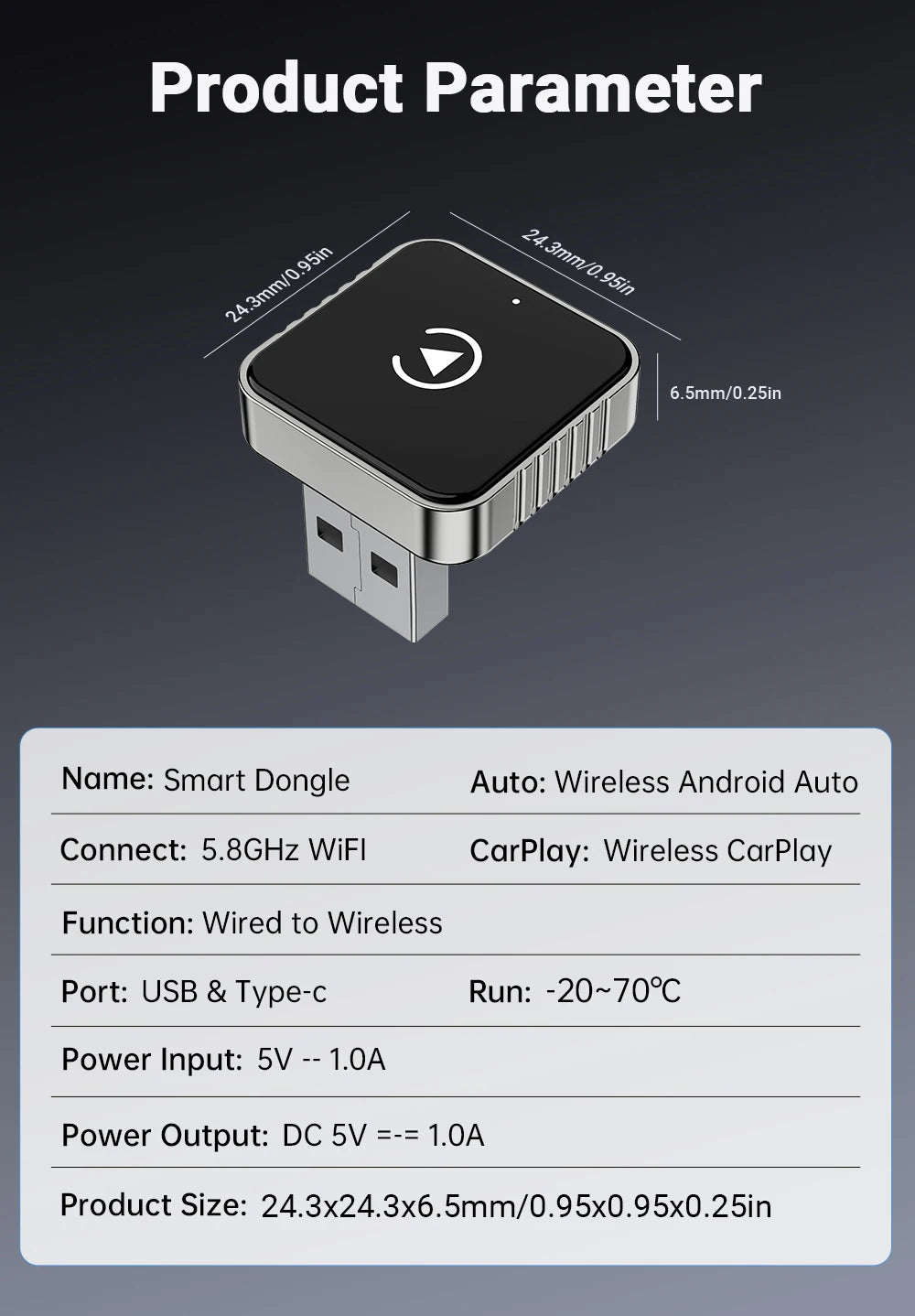 Mini CarPlay AI Box 2-in-1 Wired to Wireless CarPlay & Android Auto Adapter 5GHz WiFi