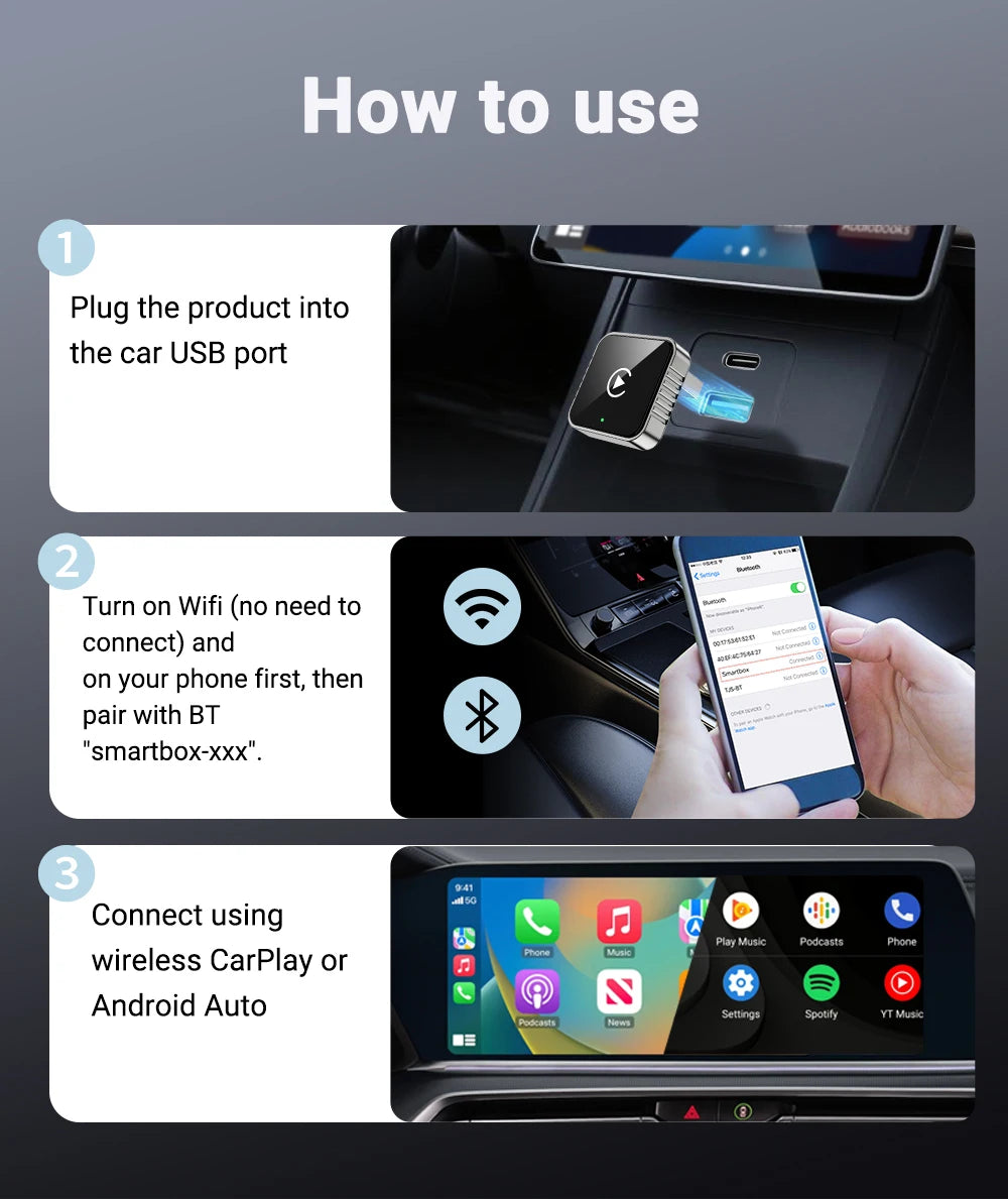 Mini CarPlay AI Box 2-in-1 Wired to Wireless CarPlay & Android Auto Adapter 5GHz WiFi