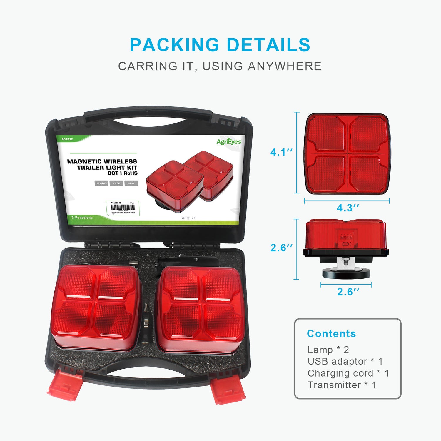 AgriEyes Wireless LED Trailer Light Kit, Rechargeable Magnetic Tow Lights with 7-Way to 4-Way Transmitter for Truck, Boat, Camper, RV, Caravan