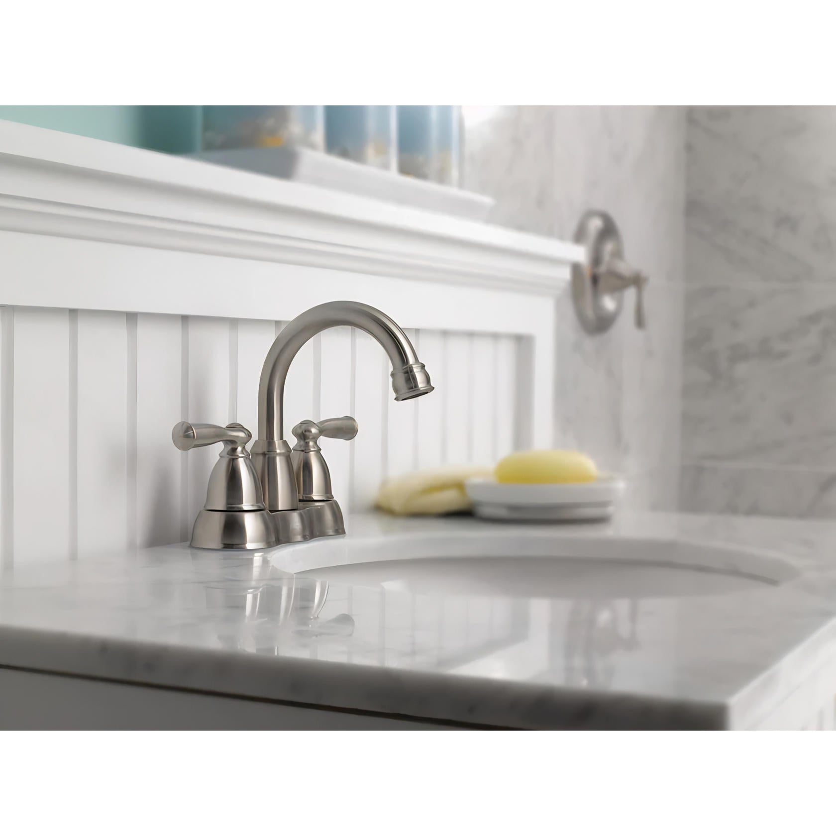 MOEN Banbury WS84913SRN Double Handle Centerset Bathroom Faucet in Spot Resist Brushed Nickel