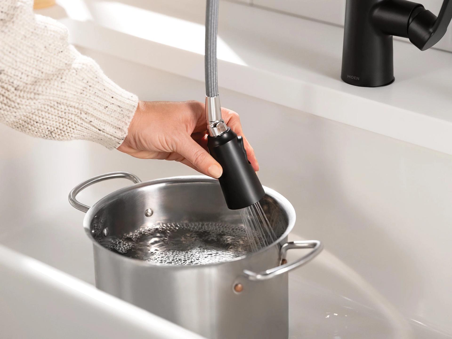 MOEN Edwyn 87028BL Single Handle Pull-Down Handle Kitchen Faucet in Matte Black (Deck Plate Included)