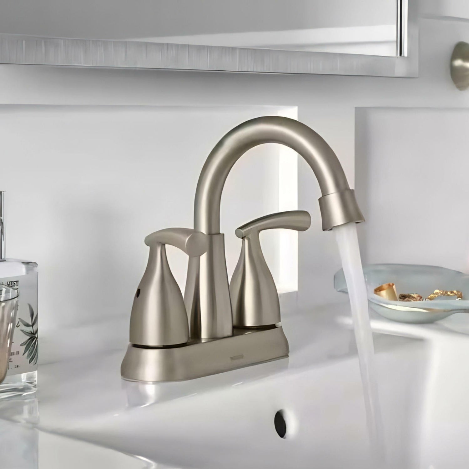 MOEN Essie 84128SRN Two Handle Centerset Bathroom Faucet in Spot Resist Brushed Nickel