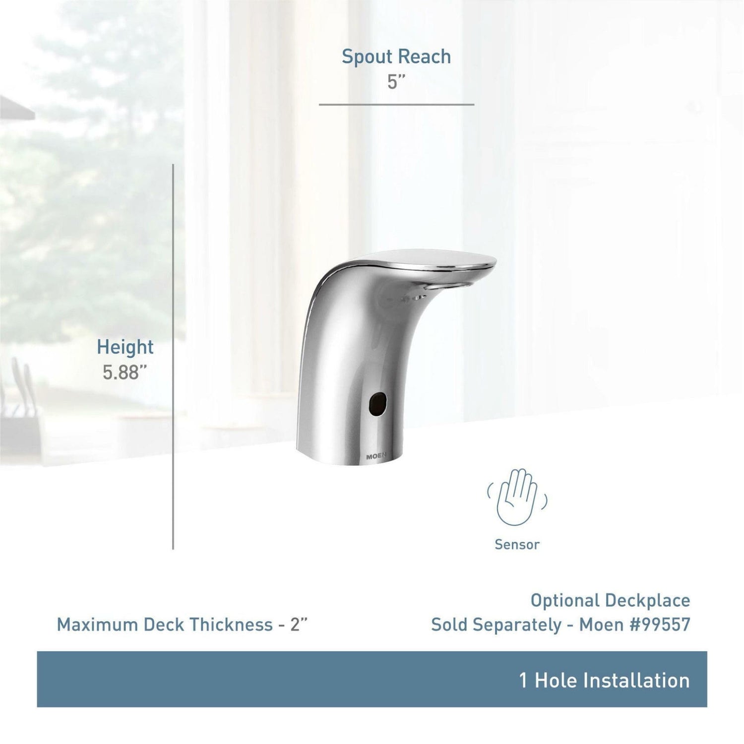 MOEN 8553 M-Power Commercial Touchless Hands-Free Sensor Operated Single Mount Lavatory Battery Powered Non Mixing Faucet in Chrome