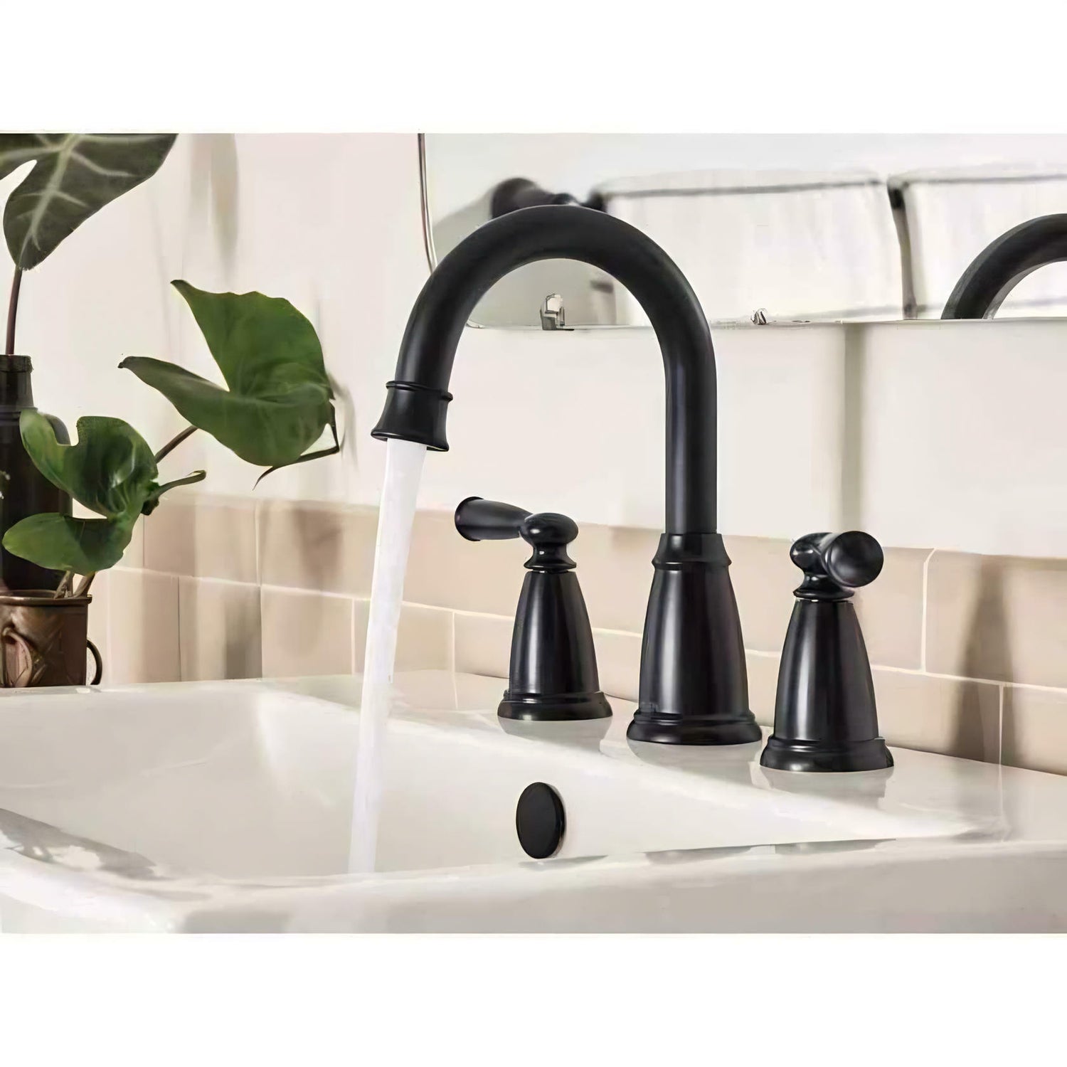 MOEN Banbury 84947BL Widespread Double-Handle High-Arc Bathroom Faucet with Drain Kit and Valve Included in Matte Black