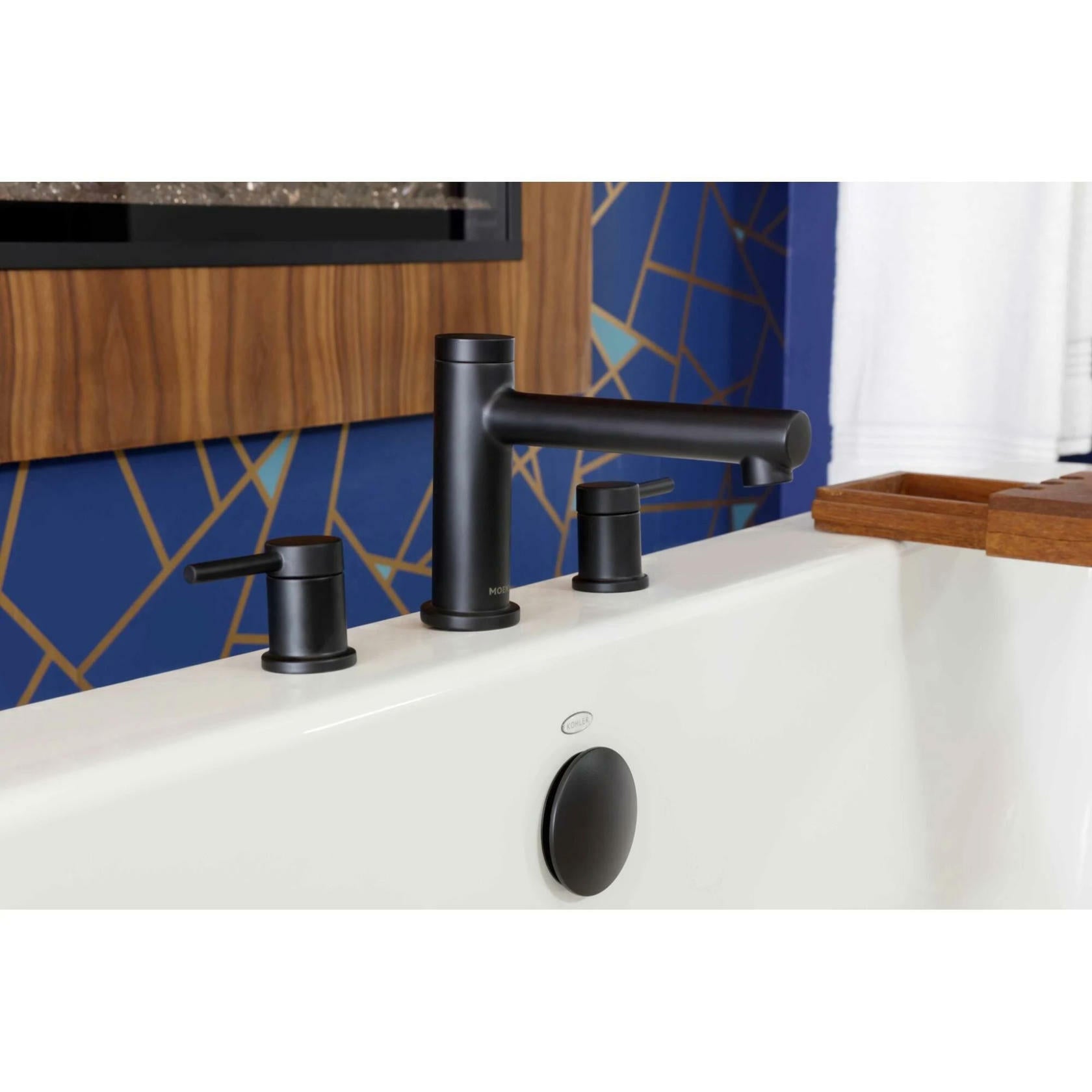 Moen T393BL Align 2-Handle Deck Mount Modern Roman Tub Faucet Trim Kit, Valve Required, Matte Black