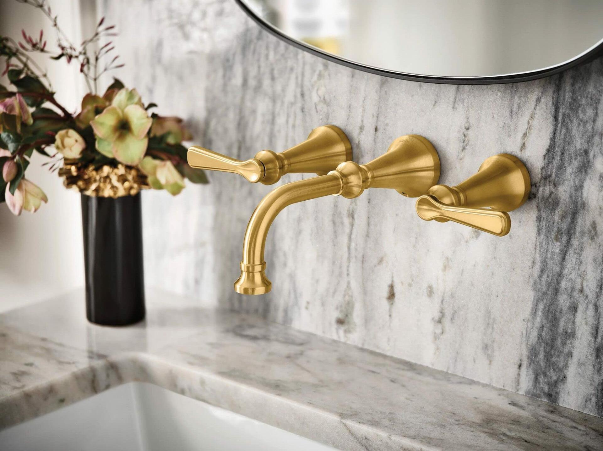 MOEN Colinet TS44104BG Traditional Lever Handle Wall Mount Widespread Bathroom Faucet in Brushed Gold (Valve Required)