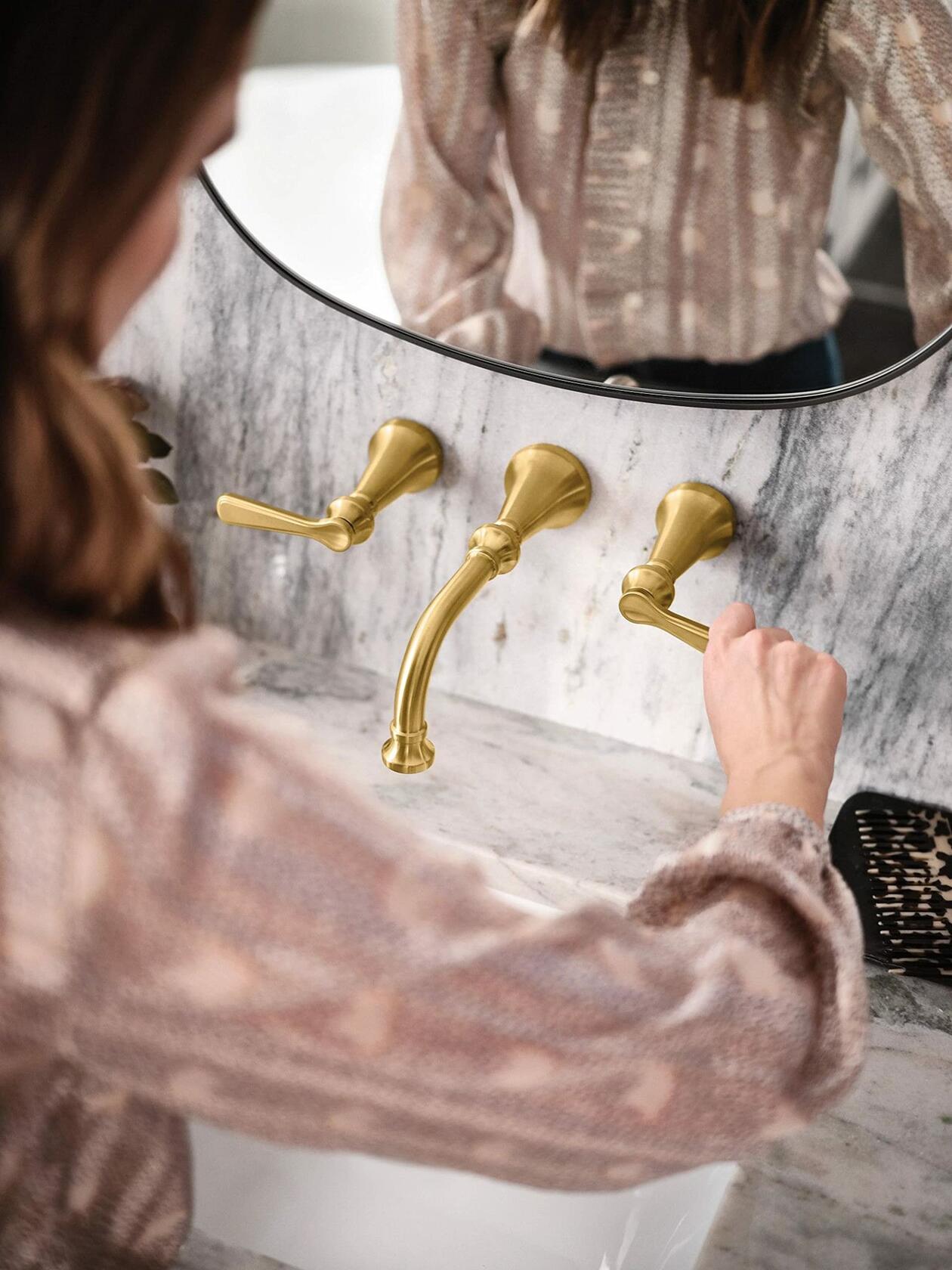 MOEN Colinet TS44104BG Traditional Lever Handle Wall Mount Widespread Bathroom Faucet in Brushed Gold (Valve Required)