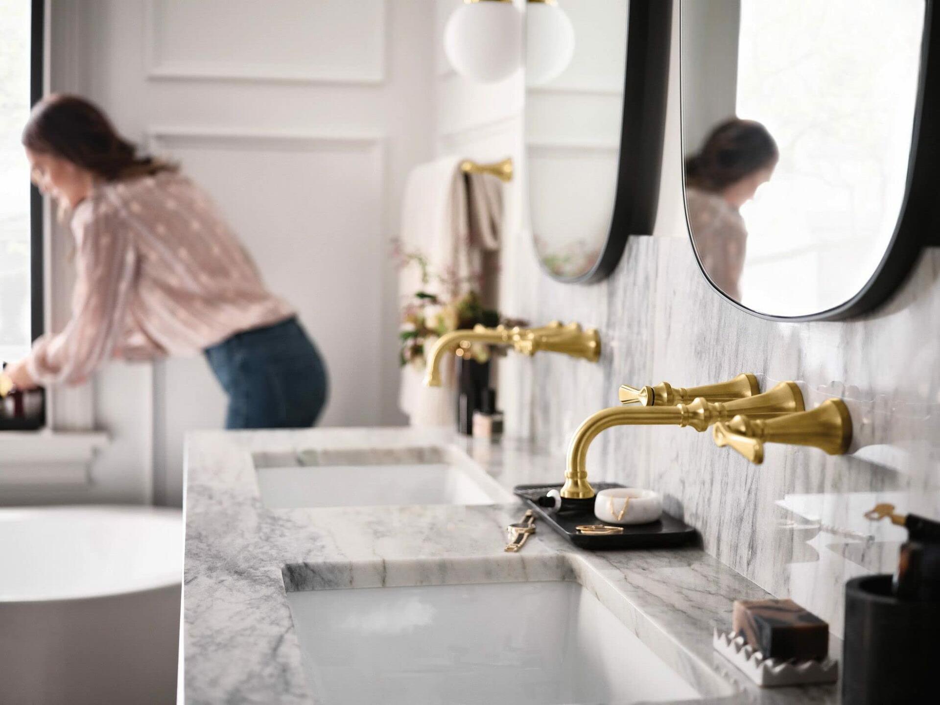 MOEN Colinet TS44104BG Traditional Lever Handle Wall Mount Widespread Bathroom Faucet in Brushed Gold (Valve Required)