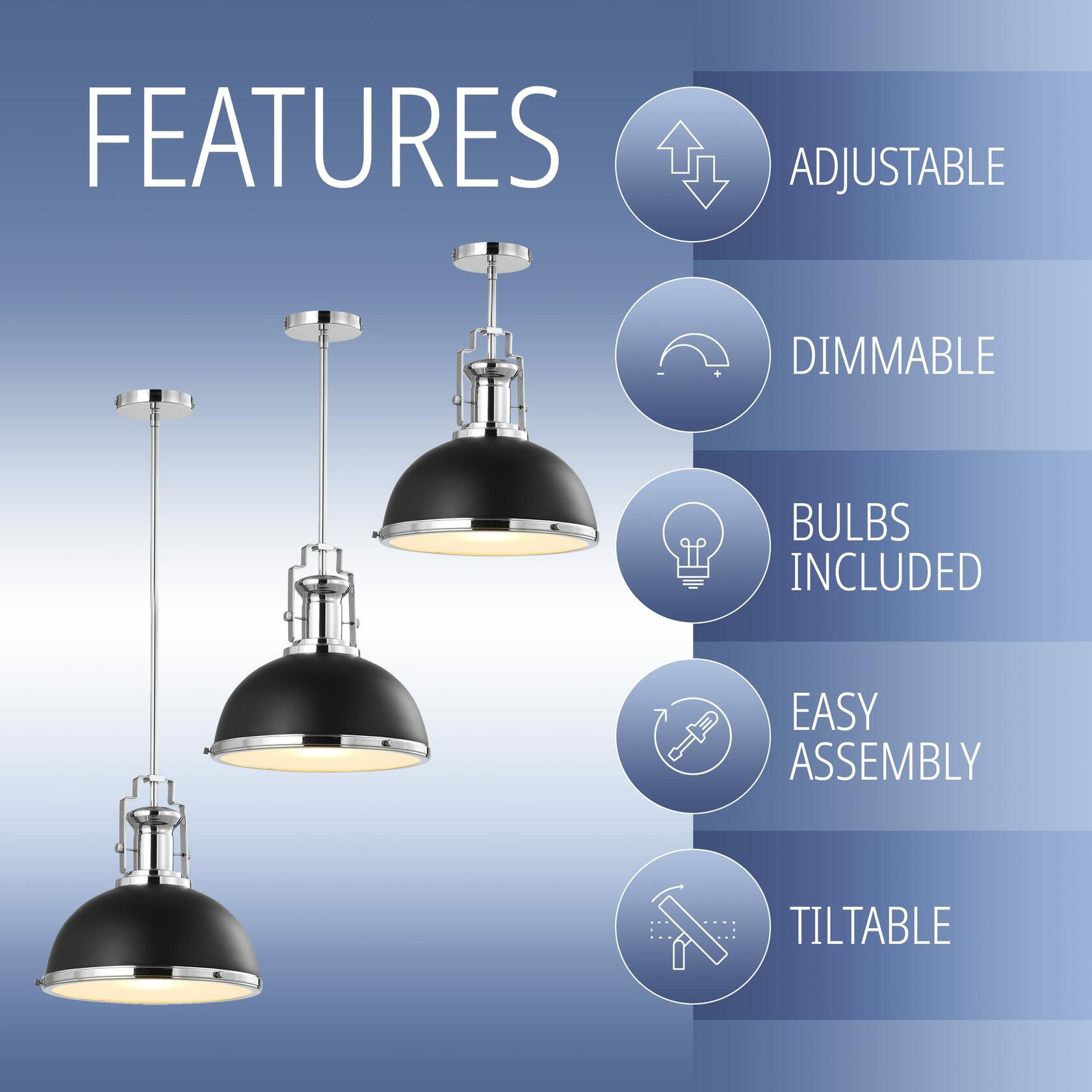 JONATHAN Y JYL9536B Homer 13" Adjustable Iron/Glass Vintage LED Kitchen Pendant for Living Room Bedroom, Classic Cottage, Black/Chrome