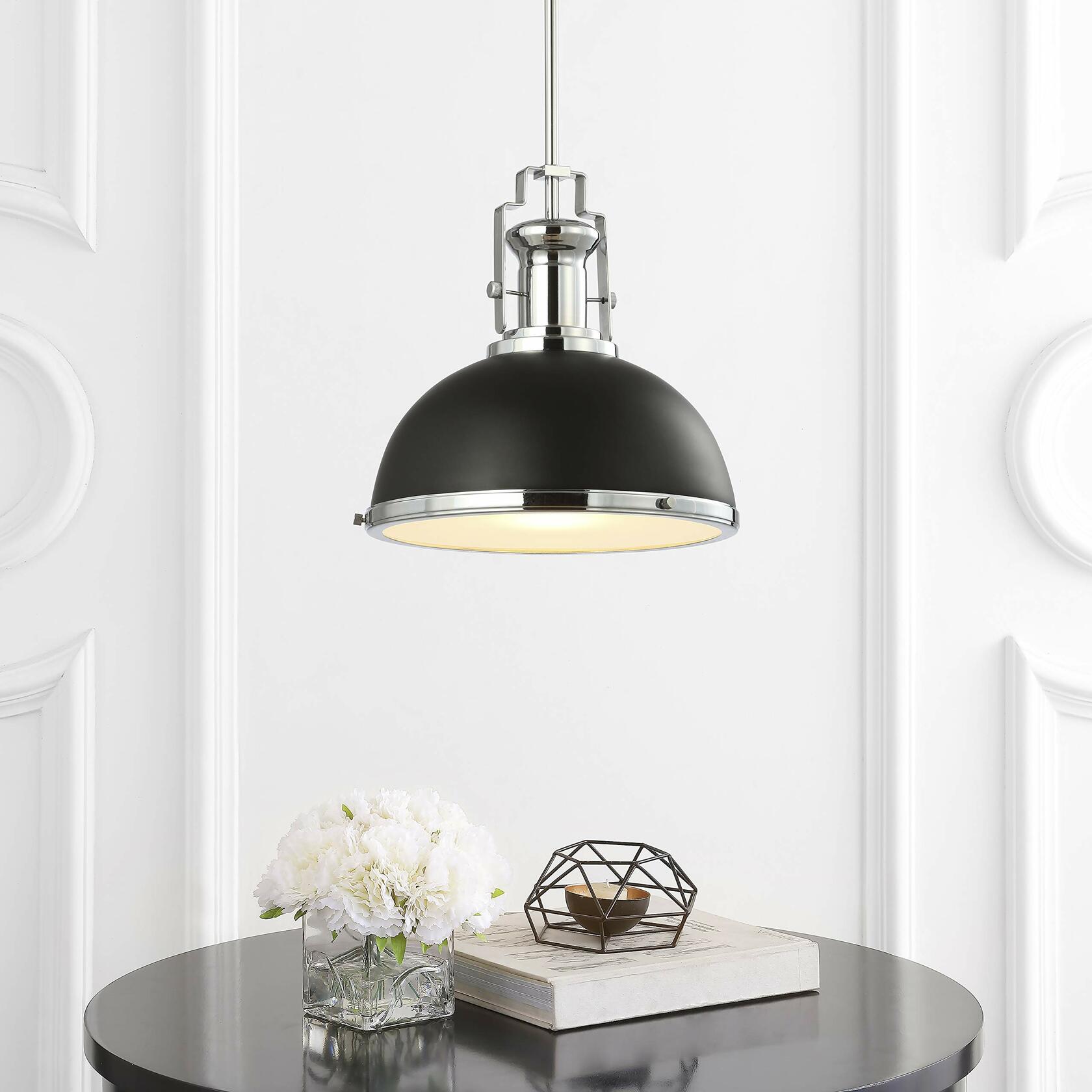 JONATHAN Y JYL9536B Homer 13" Adjustable Iron/Glass Vintage LED Kitchen Pendant for Living Room Bedroom, Classic Cottage, Black/Chrome